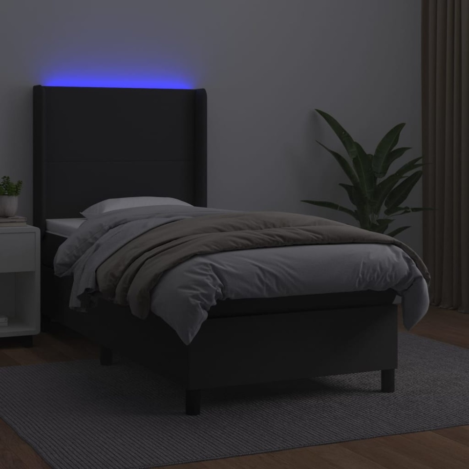 Pat cu arcuri, saltea și LED, negru, 100x200cm, piele ecologică - 2 | YEO