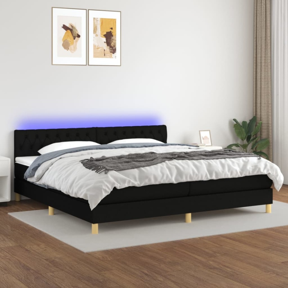 Pat cu arcuri, saltea și LED, negru, 200x200 cm, textil