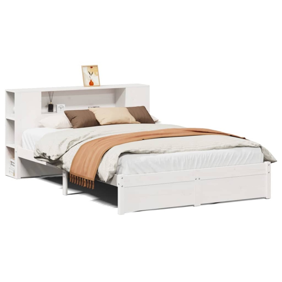 Pat cu bibliotecă fără saltea, alb, 140x190 cm, lemn masiv pin - 1 | YEO