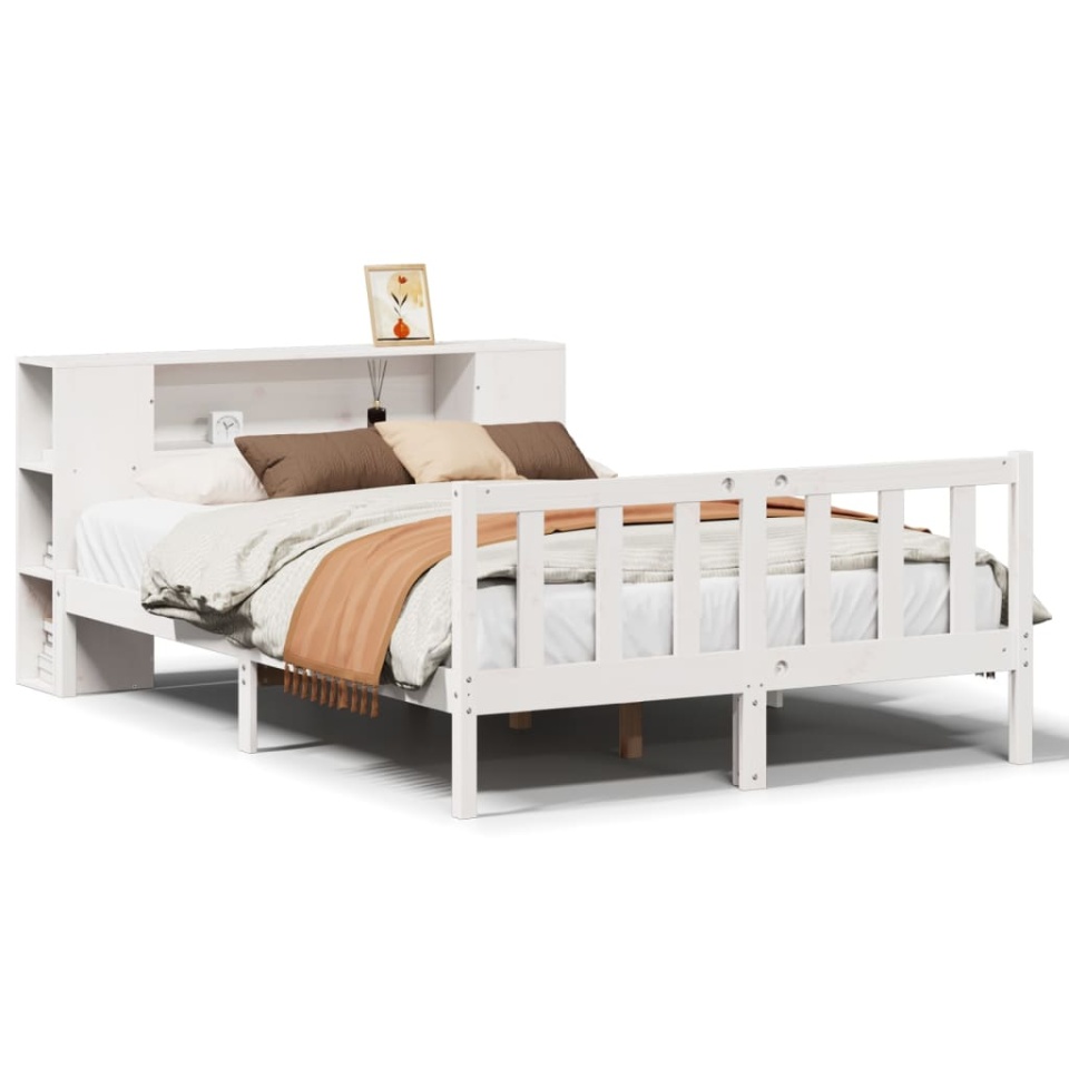 Pat cu bibliotecă fără saltea, alb, 140x190 cm, lemn masiv pin - 1 | YEO