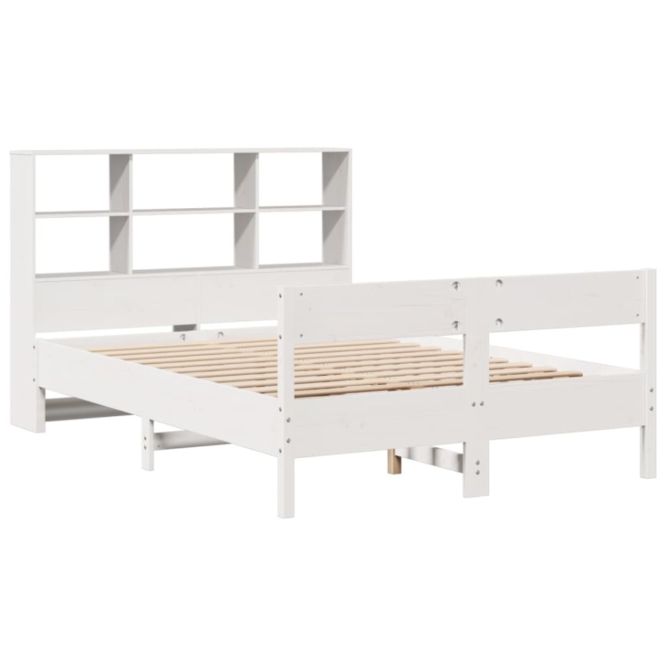 Pat cu bibliotecă fără saltea, alb, 140x190 cm, lemn masiv pin - 2 | YEO