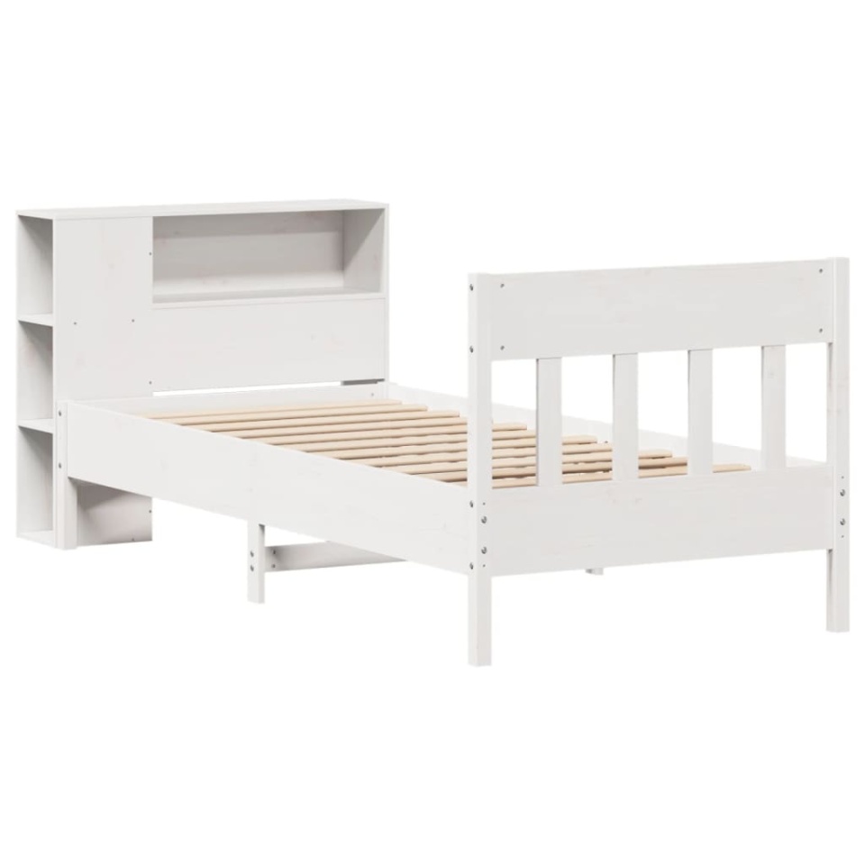 Pat cu bibliotecă fără saltea, alb, 75x190 cm, lemn masiv pin - 2 | YEO