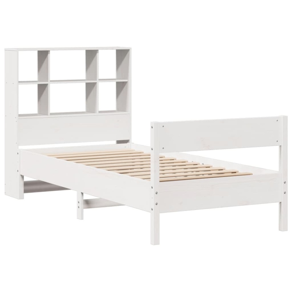 Pat cu bibliotecă fără saltea, alb, 90x190 cm, lemn masiv pin - 2 | YEO