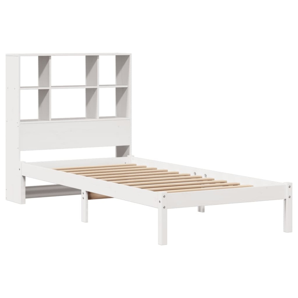 Pat cu bibliotecă fără saltea, alb, 90x190 cm, lemn masiv pin - 2 | YEO