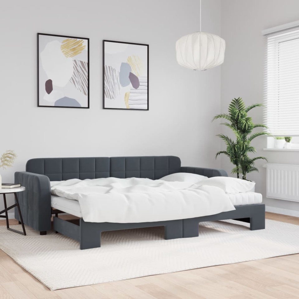 Pat de zi cu extensie și saltele gri închis 80x200 cm catifea