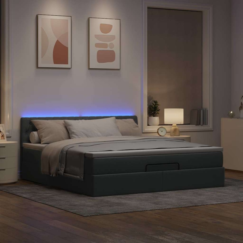 Pat otoman cu saltea și LED-uri, gri deschis, 180x200cm, textil - 2 | YEO