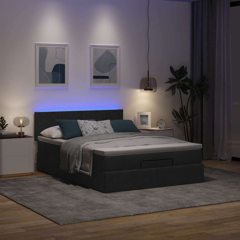 Pat otoman cu saltea și LED-uri negru 140x200 cm țesătură - 2 | YEO