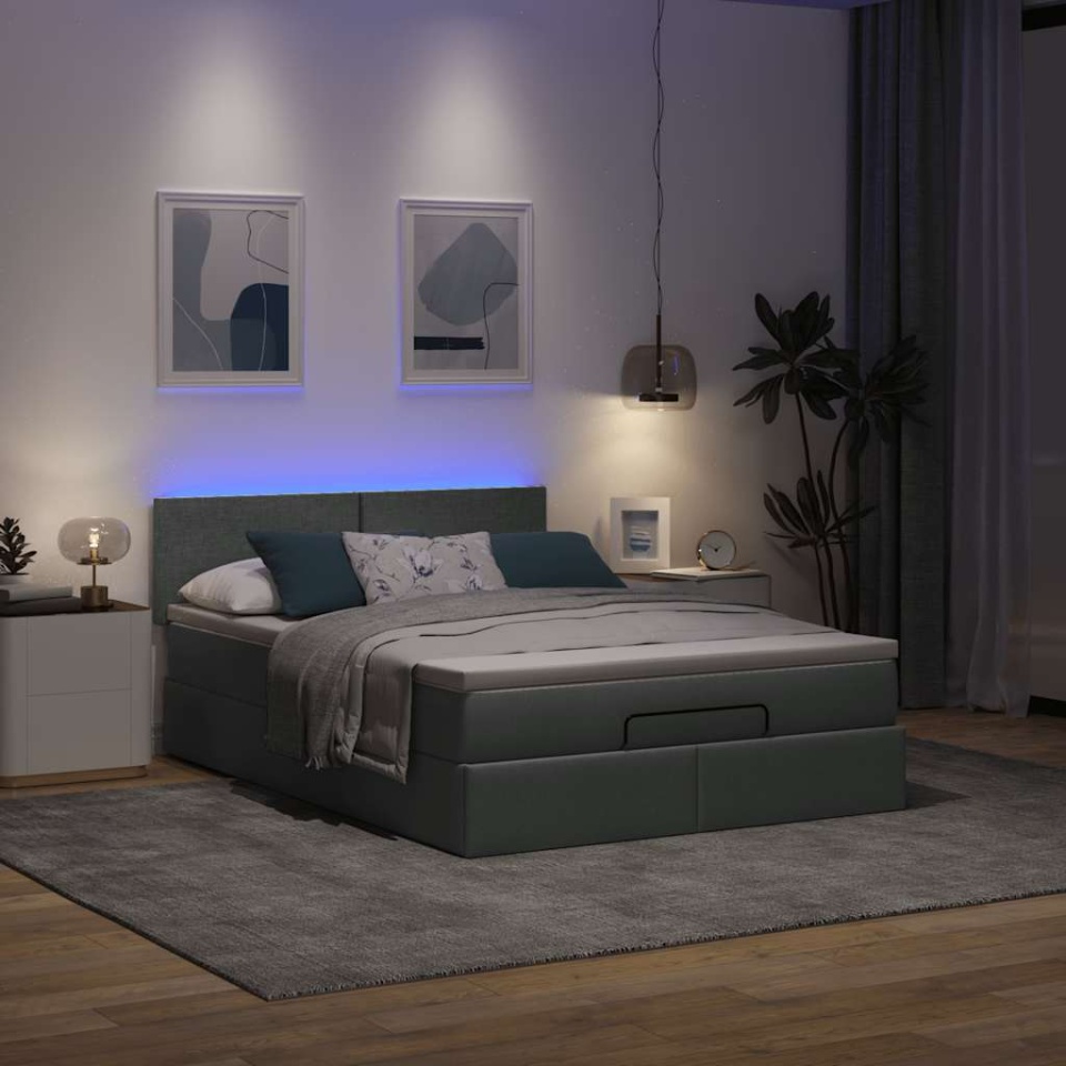 Pat otoman cu saltea și LED-uri țesătură gri închis 140x200 cm - 2 | YEO