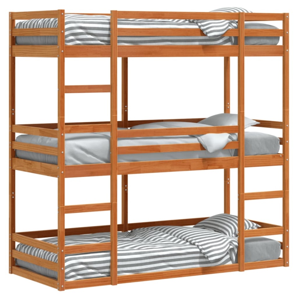 Pat supraetajat triplu, maro ceruit, 75x190 cm, lemn masiv pin - 3 | YEO