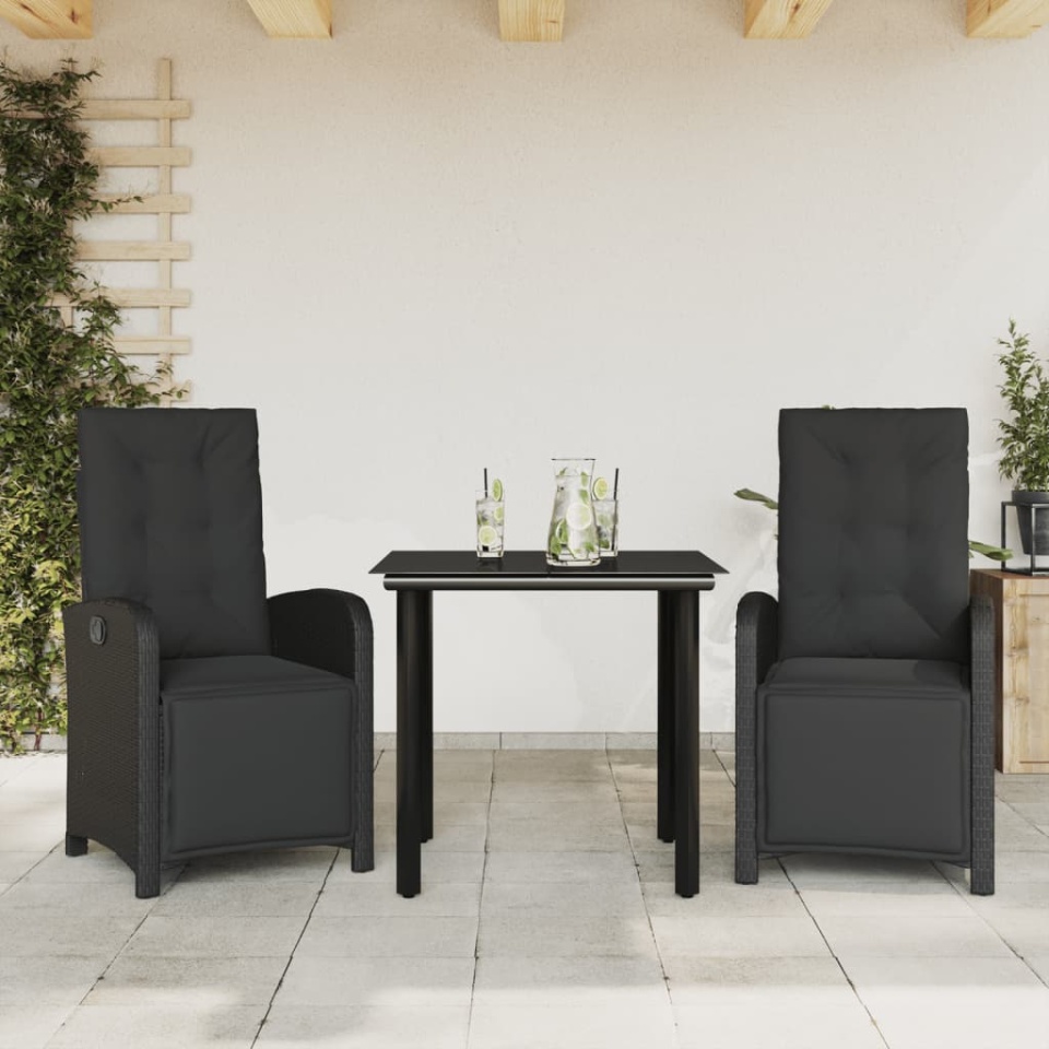 Set bistro cu perne, 3 piese, negru, poliratan