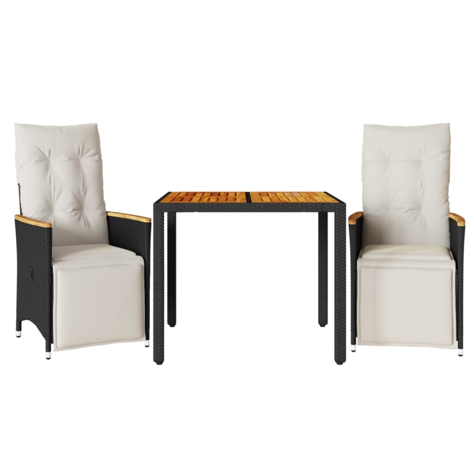 Set bistro de grădină cu perne, 3 piese, negru, poliratan - 1 | YEO