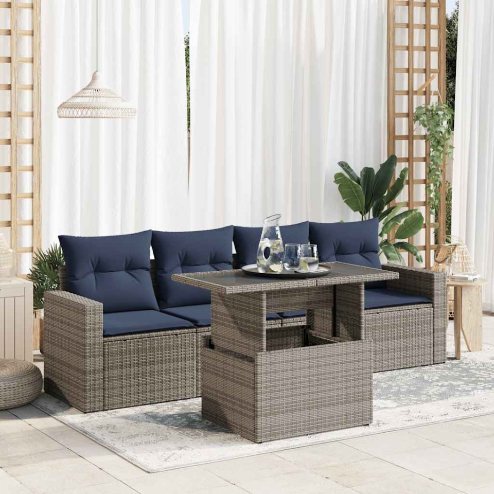 Set canapea de grădină cu perne, 5 piese, poliratan/lemn acacia