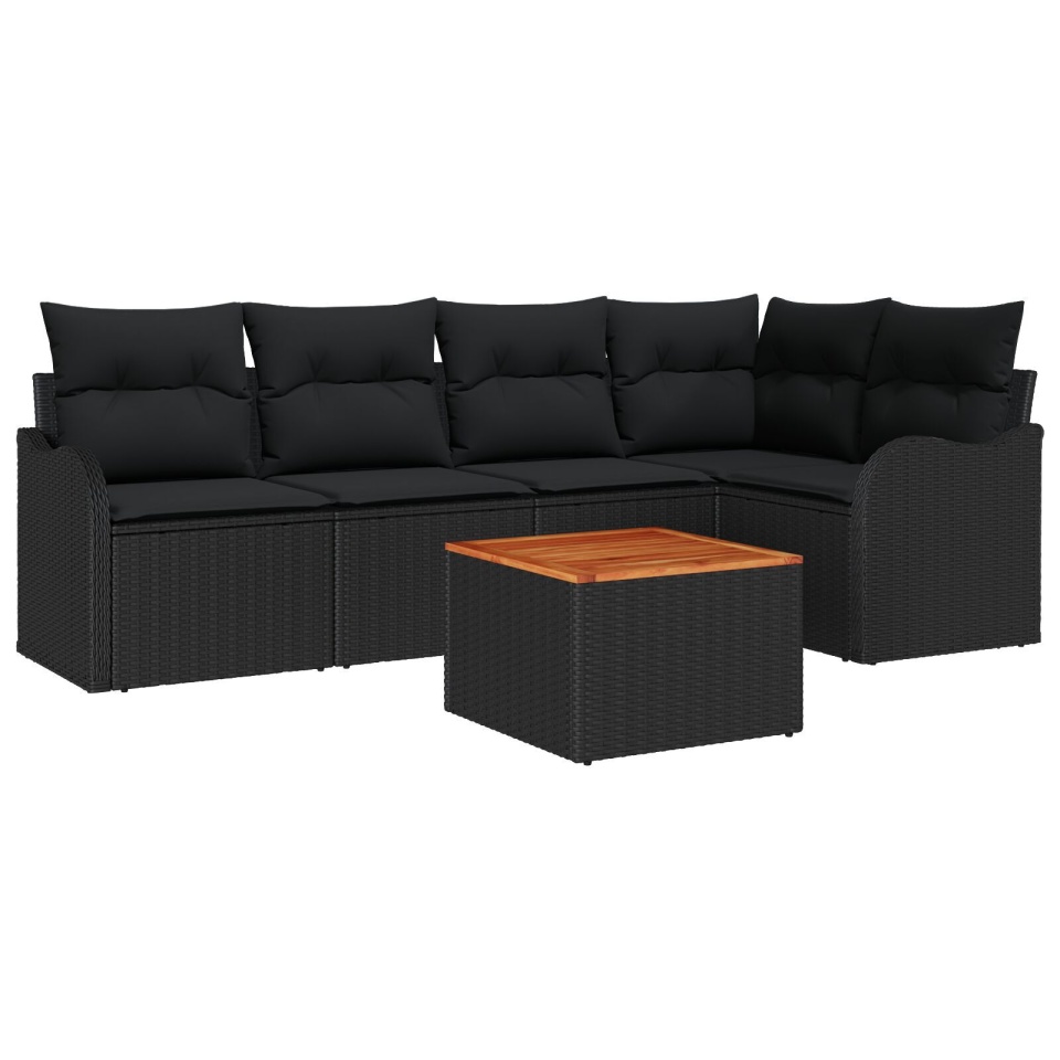 Set Canapea de Grădină de 6 Piese cu Perne Negru Ratan Polimeric Acacia, Canapea de Grădină pentru 2 Persoane cu Perne Negru Ratan Polimeric - 1 | YEO