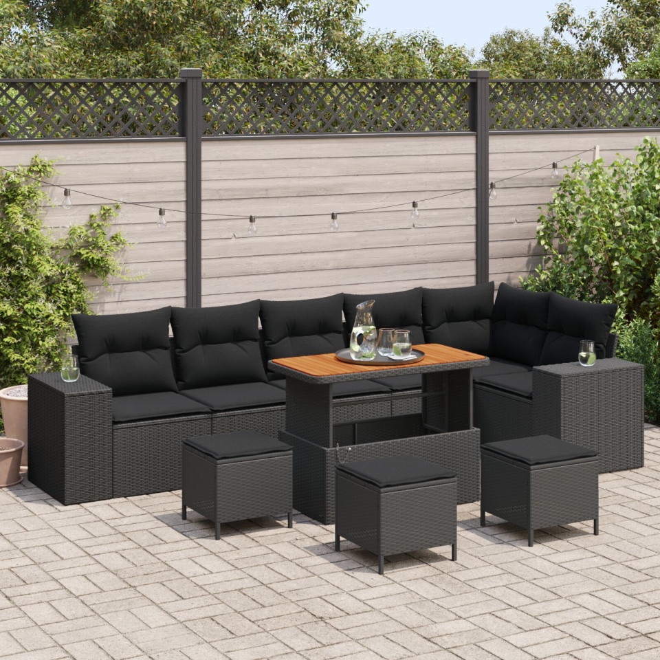 Set Canapele 9 Piese cu Perne Ratan Poliester Negru Acacia, Set Dining Grădină 3 Piese cu Perne Ratan Poliester Negru Acacia