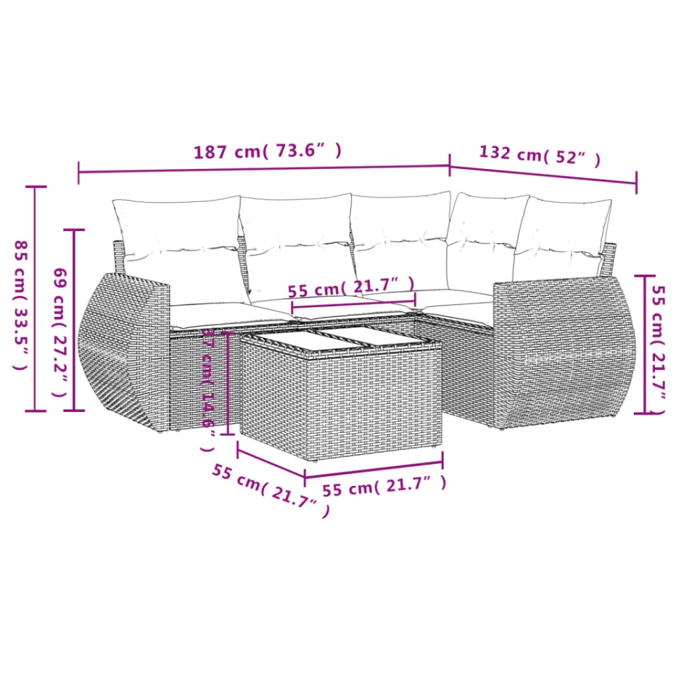Set canapele de grădină cu perne, 5 piese, maro, poliratan - 2 | YEO