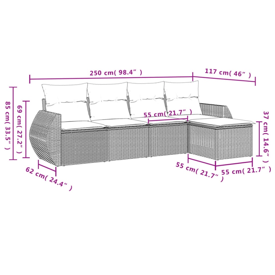 Set canapele de grădină cu perne, 5 piese, maro, poliratan - 2 | YEO