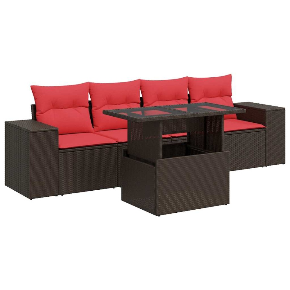 Set canapele de grădină cu perne, 5 piese, maro, poliratan - 1 | YEO
