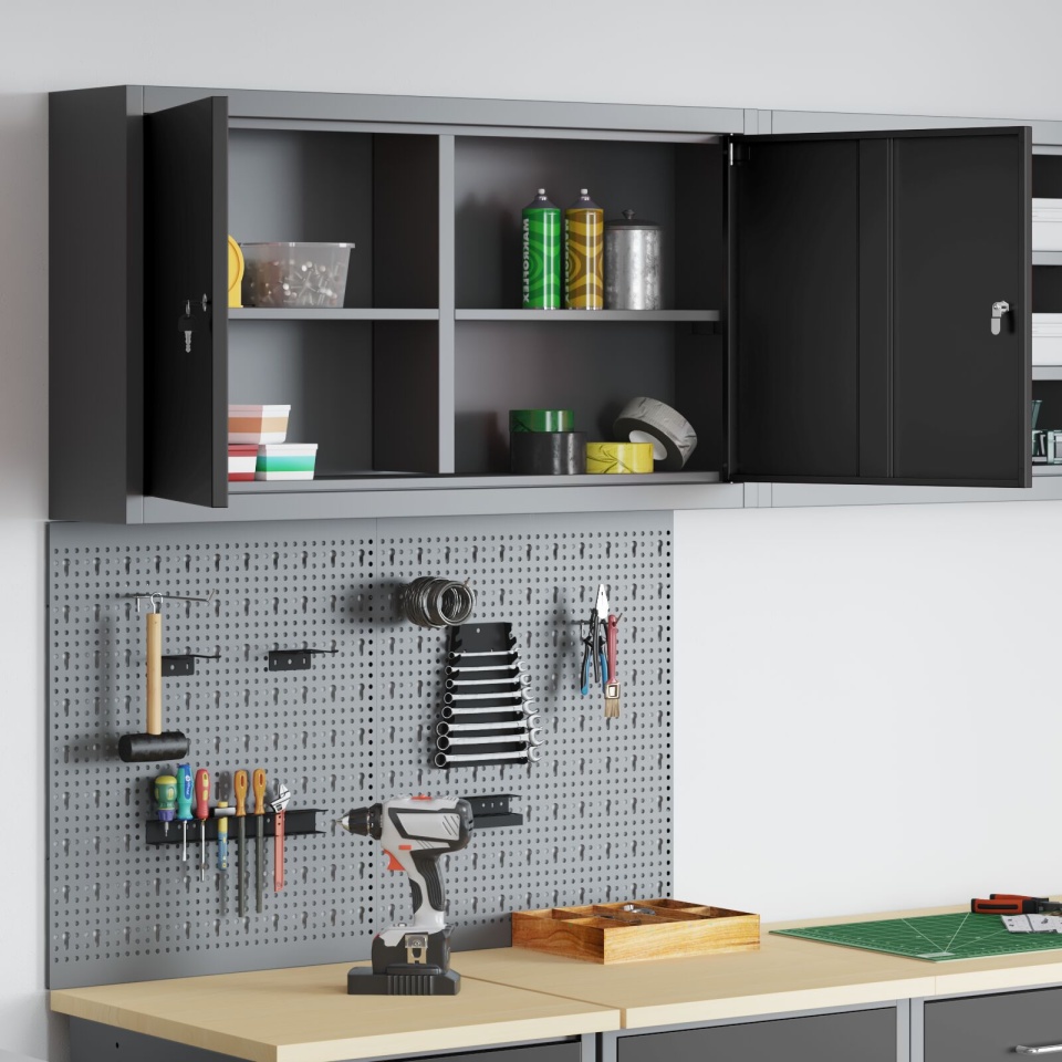 Set de cabinet pentru unelte și panou cu cârlige 3 piese montat pe perete din metal negru - 3 | YEO