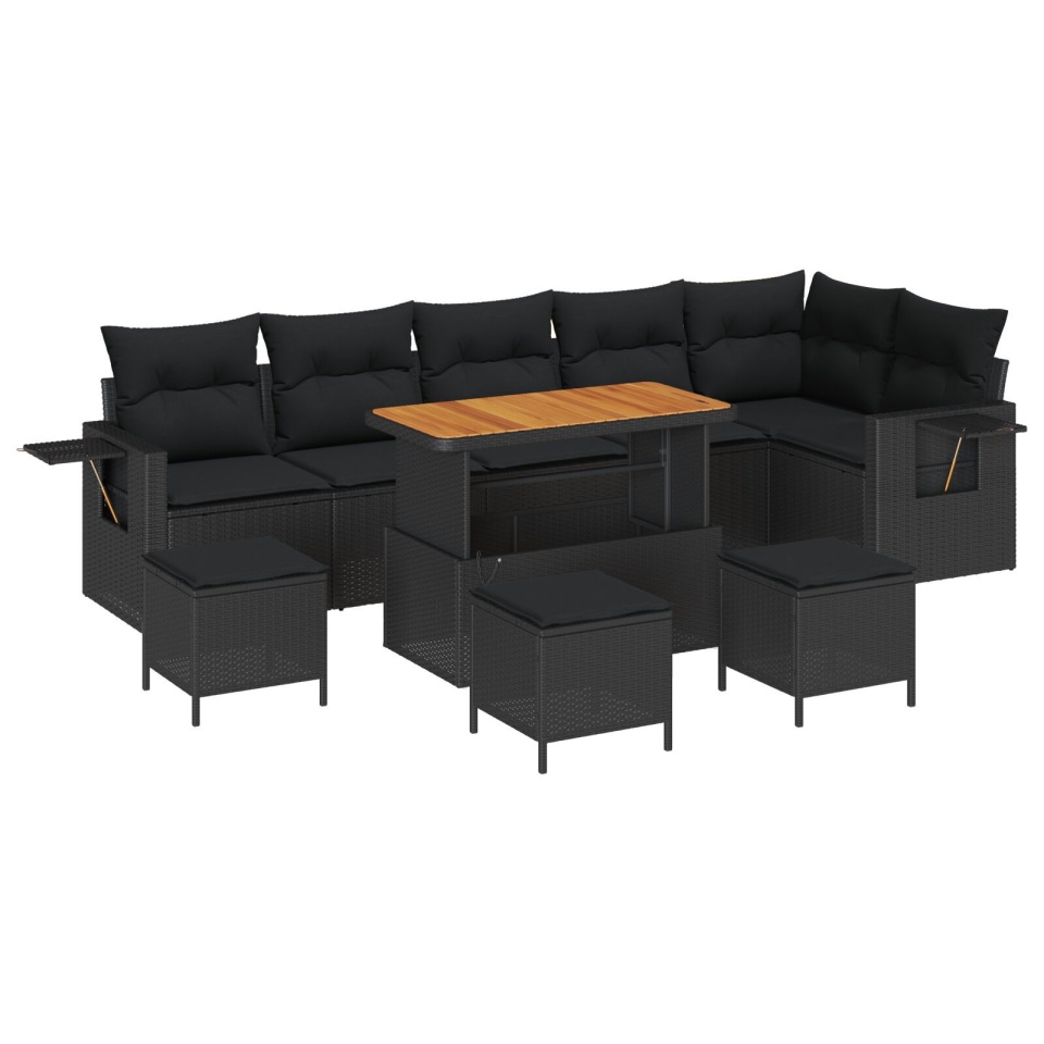 Set de canapea de grădină 9 piese cu perne Negru Poliratan Acacia, Set de masă de grădină 3 piese cu perne Negru Poliratan Acacia - 1 | YEO