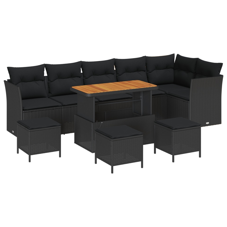 Set de canapea de grădină cu 10 piese cu perne Negru Ratan polimeric Acacia, Set de dining de grădină cu 4 piese cu perne Negru Ratan polimeric Acacia - 1 | YEO