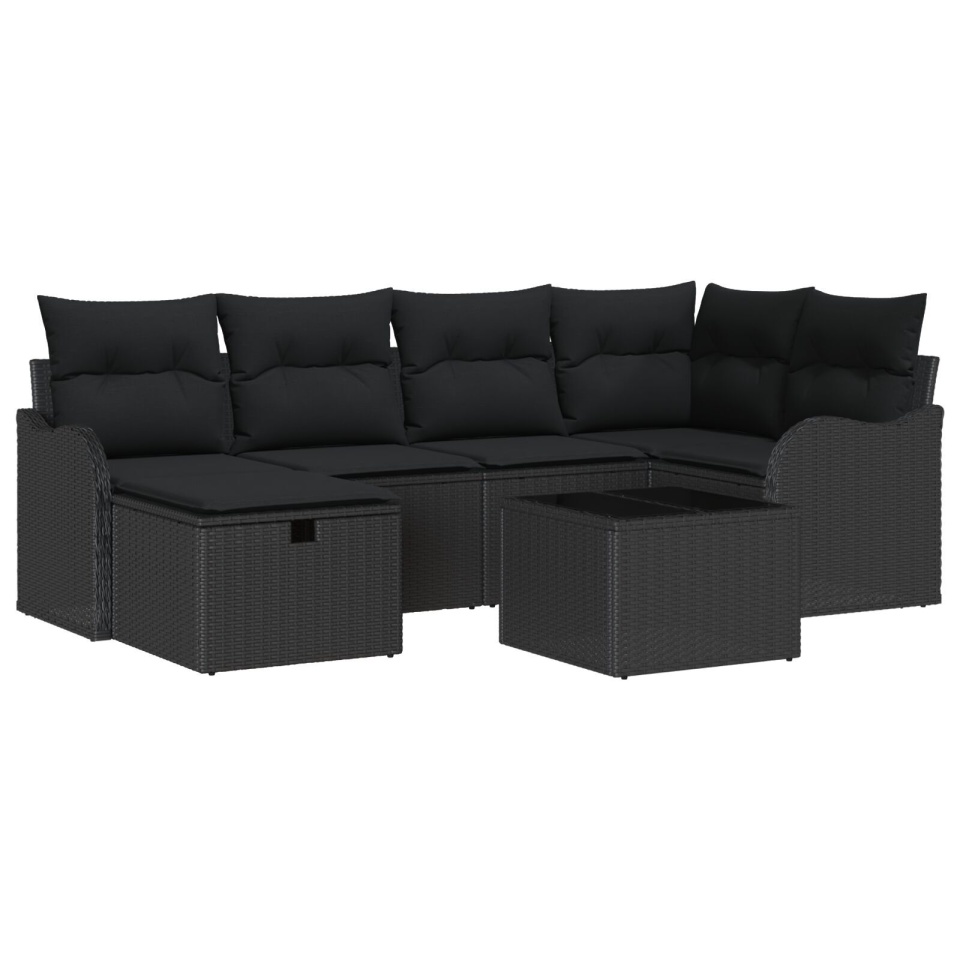 Set de Canapea de Grădină cu 7 Piese cu Pernițe Negru Ratan Poly, Canapeaua de Grădină cu 2 Locuri cu Pernițe Negru Ratan Poly - 1 | YEO