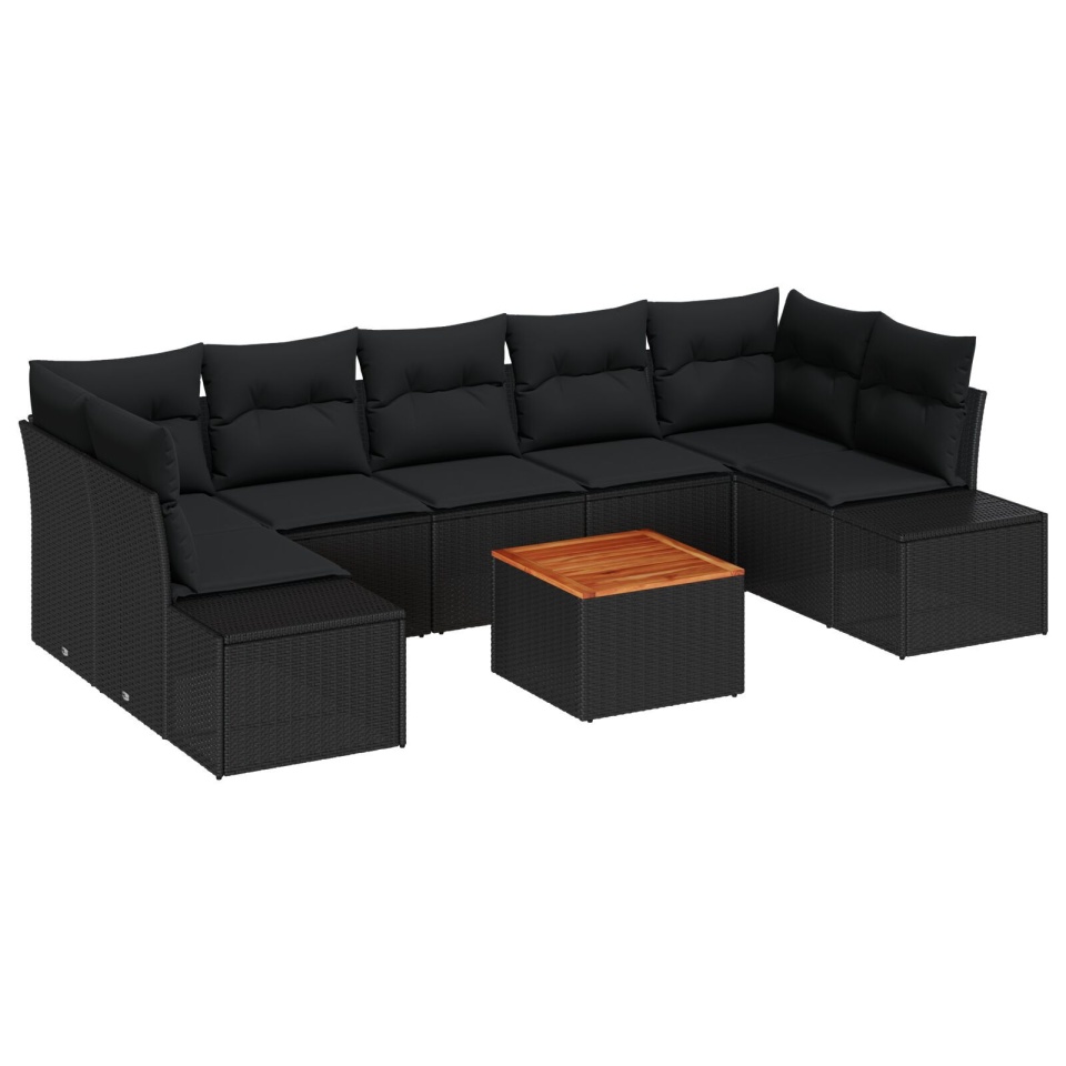 Set de canapea de grădină cu 8 piese cu perne, negru, poliratan, acacia - 1 | YEO