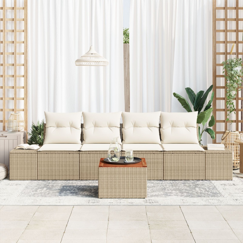 Set de canapea în grădină 5 piese cu perne Bej Ratan Acacia - 2 | YEO