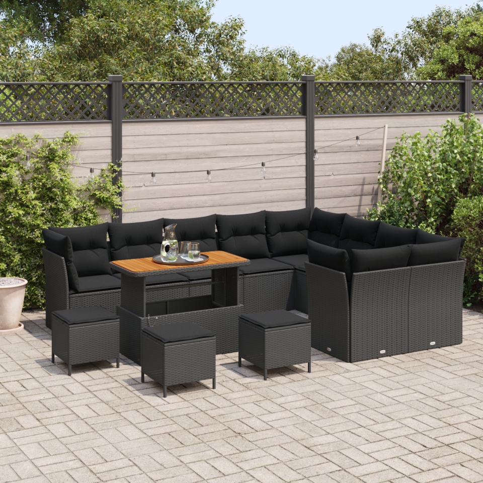 Set de Canapea pentru Grădină cu 13 Piese și Perne Negru Poliratan Acacia, Set de Dining pentru Grădină cu 4 Piese și Perne Negru Poliratan Acacia - 2 | YEO