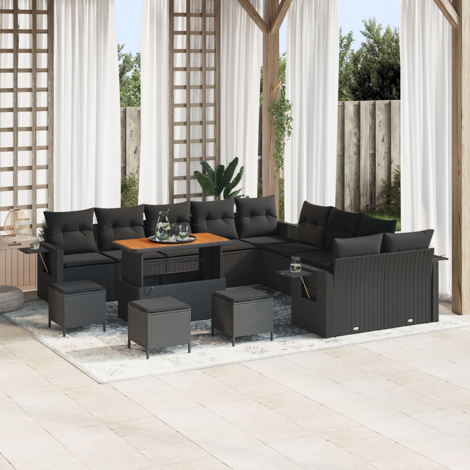 Set de canapea pentru grădină cu 14 piese și perne Negru Ratan Poli Acacia, Set de dining pentru grădină cu 4 piese și perne Negru Ratan Poli Acacia