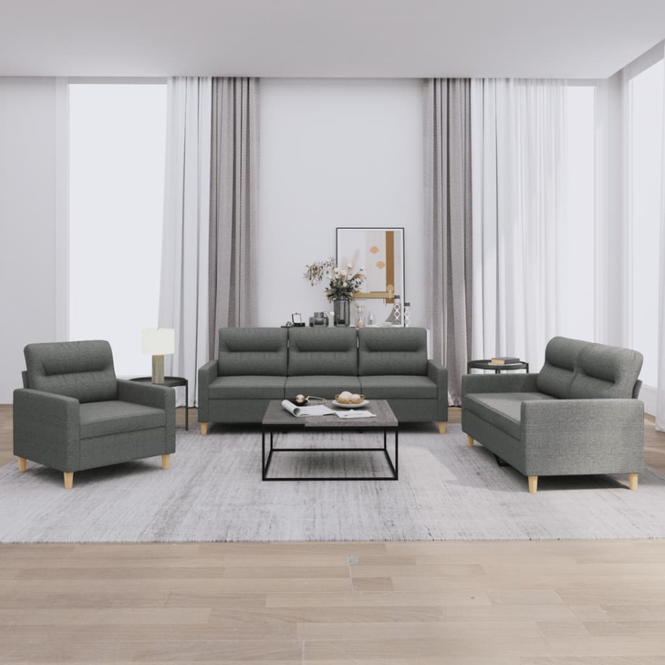 Set de canapele cu perne, 3 piese, gri închis, textil