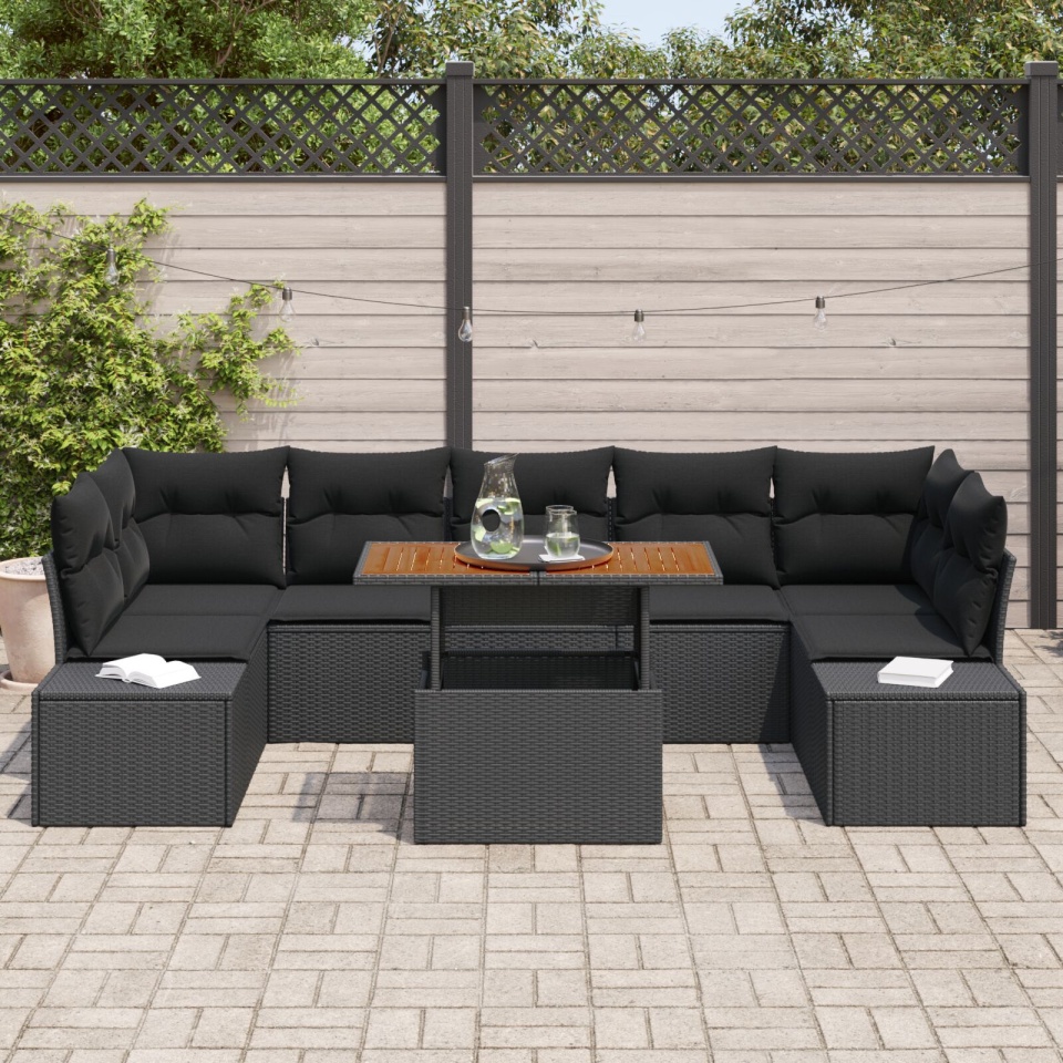 Set de canapele de grădină cu 8 piese și perne, Negru, Poliratan - 2 | YEO