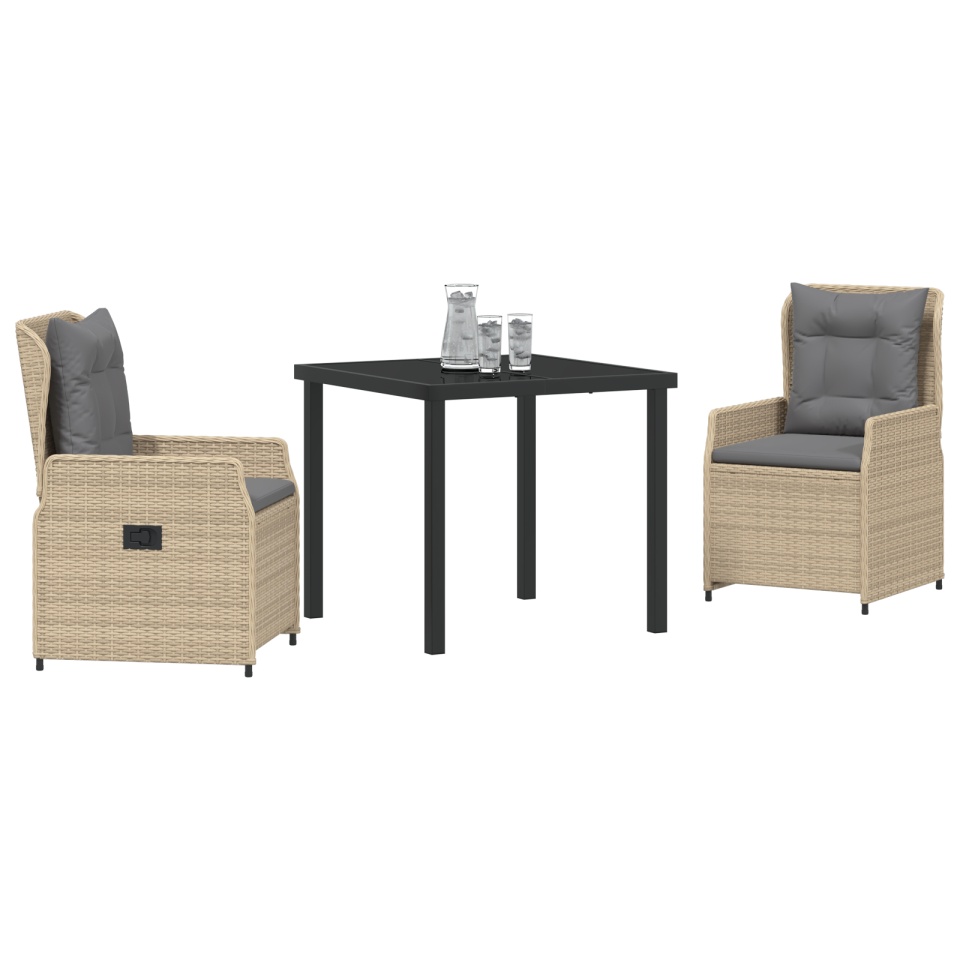 Set de cină pentru grădină de 3 piese din poliratan bej, Masă de grădină neagră 80x80x73 cm din sticlă securizată - 2 | YEO