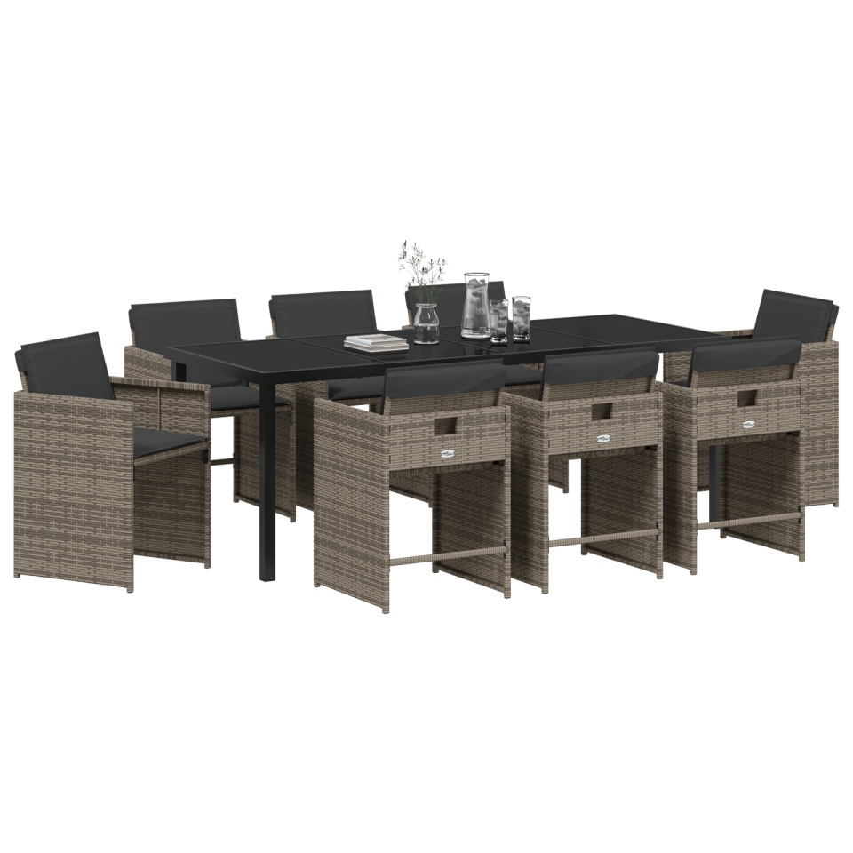 Set de dining în grădină cu 9 piese, cu perne, gri, poliratan - 2 | YEO