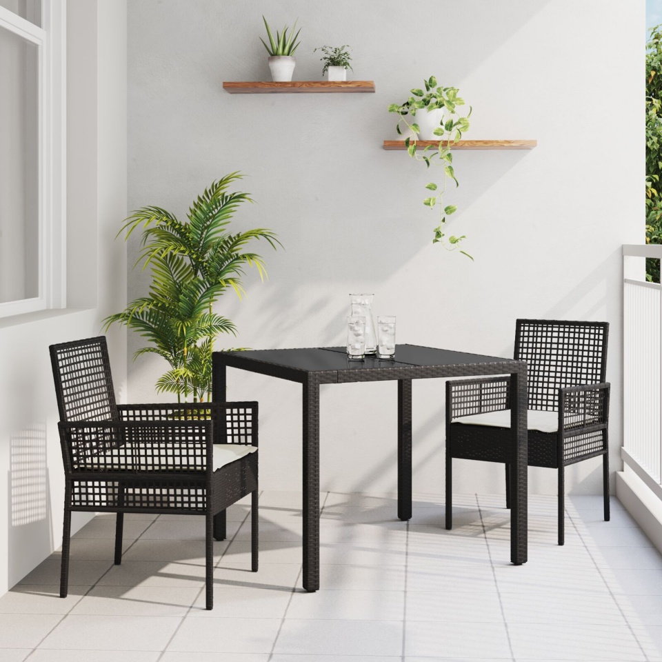 Set de dining pentru grădină 3 piese cu perne Negru Poliratan
