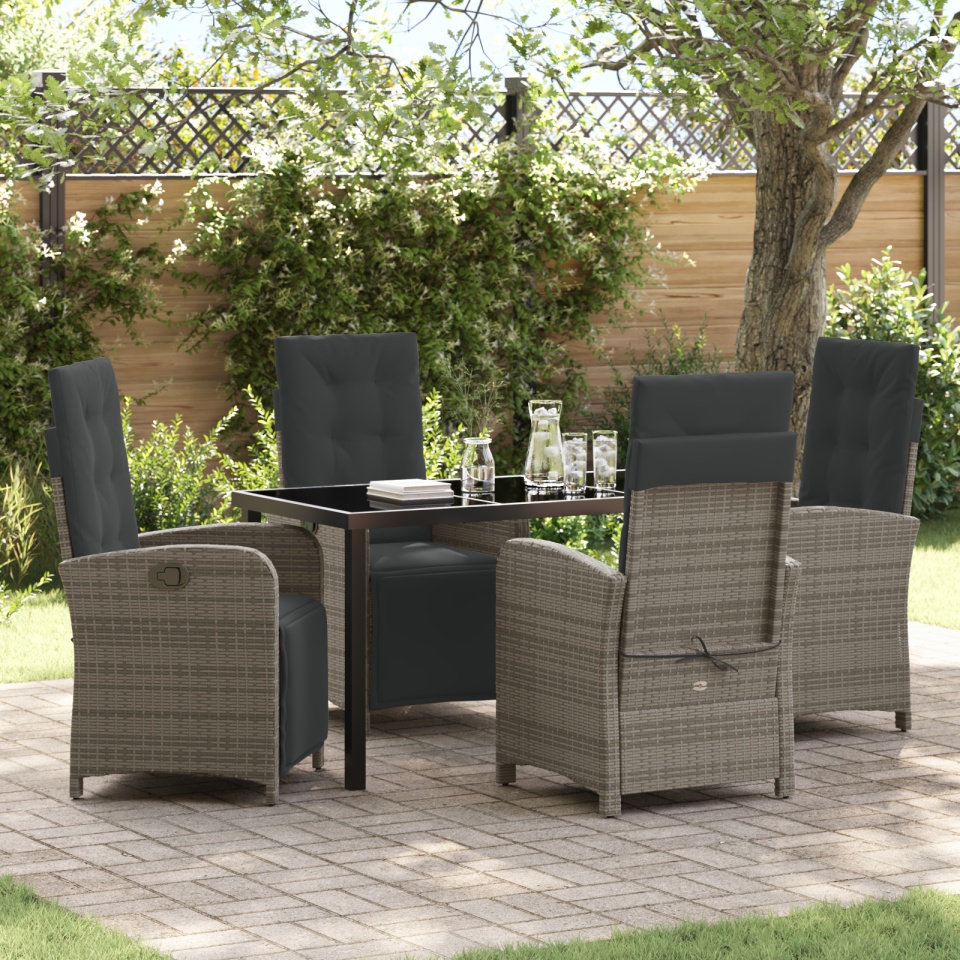 Set de dining pentru grădină cu 5 piese și perne din ratan sintetic gri, Masa de grădină Black 140x80x73 cm din sticlă pentru fumat