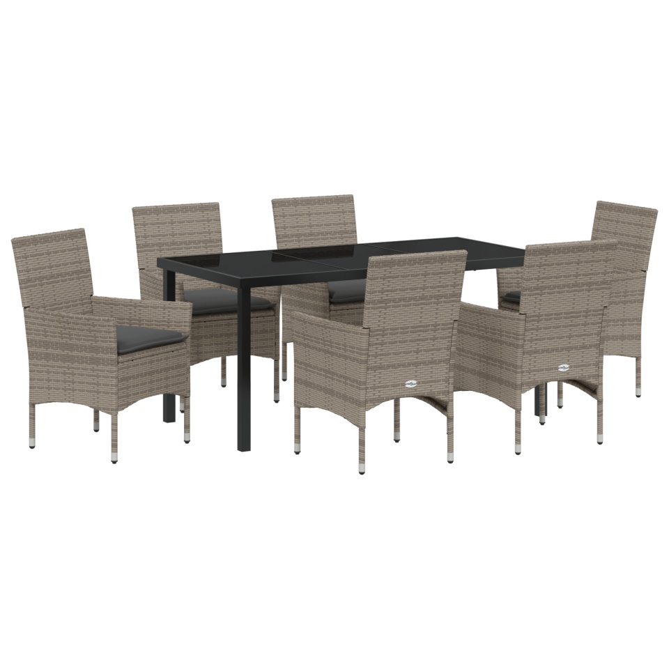 Set de dining pentru grădină cu 7 piese cu perne Ratan gri, Masă de grădină Neagră 160x80x73 cm Sticlă securizată - 1 | YEO