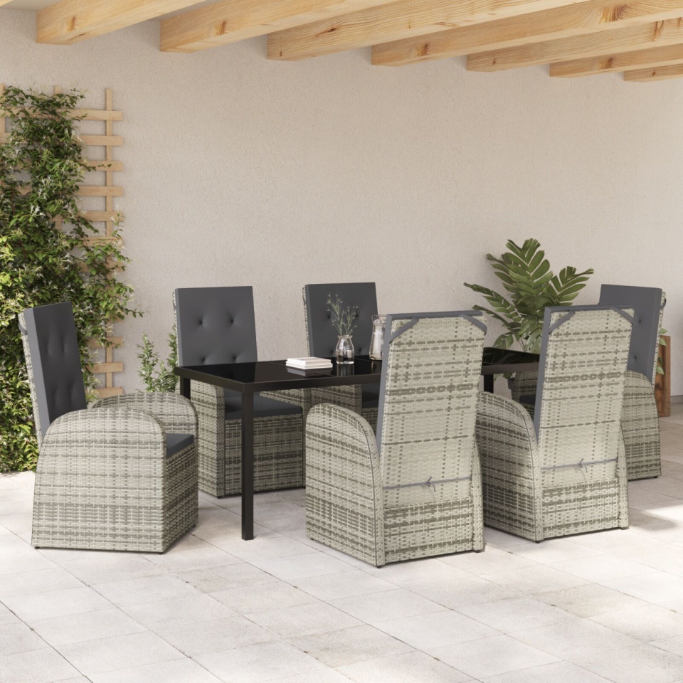 Set de dining pentru grădină cu 7 piese și perne Gri din ratan poliester - 3 | YEO