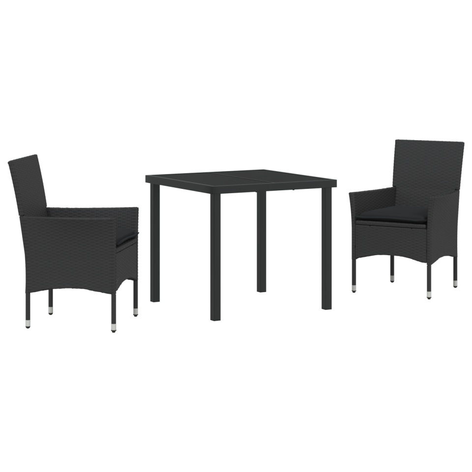 Set de Dining pentru Grădină cu Perne Poliratan Negru, Masă de Grădină Neagră 80x80x73 cm Sticlă Temperată - 1 | YEO