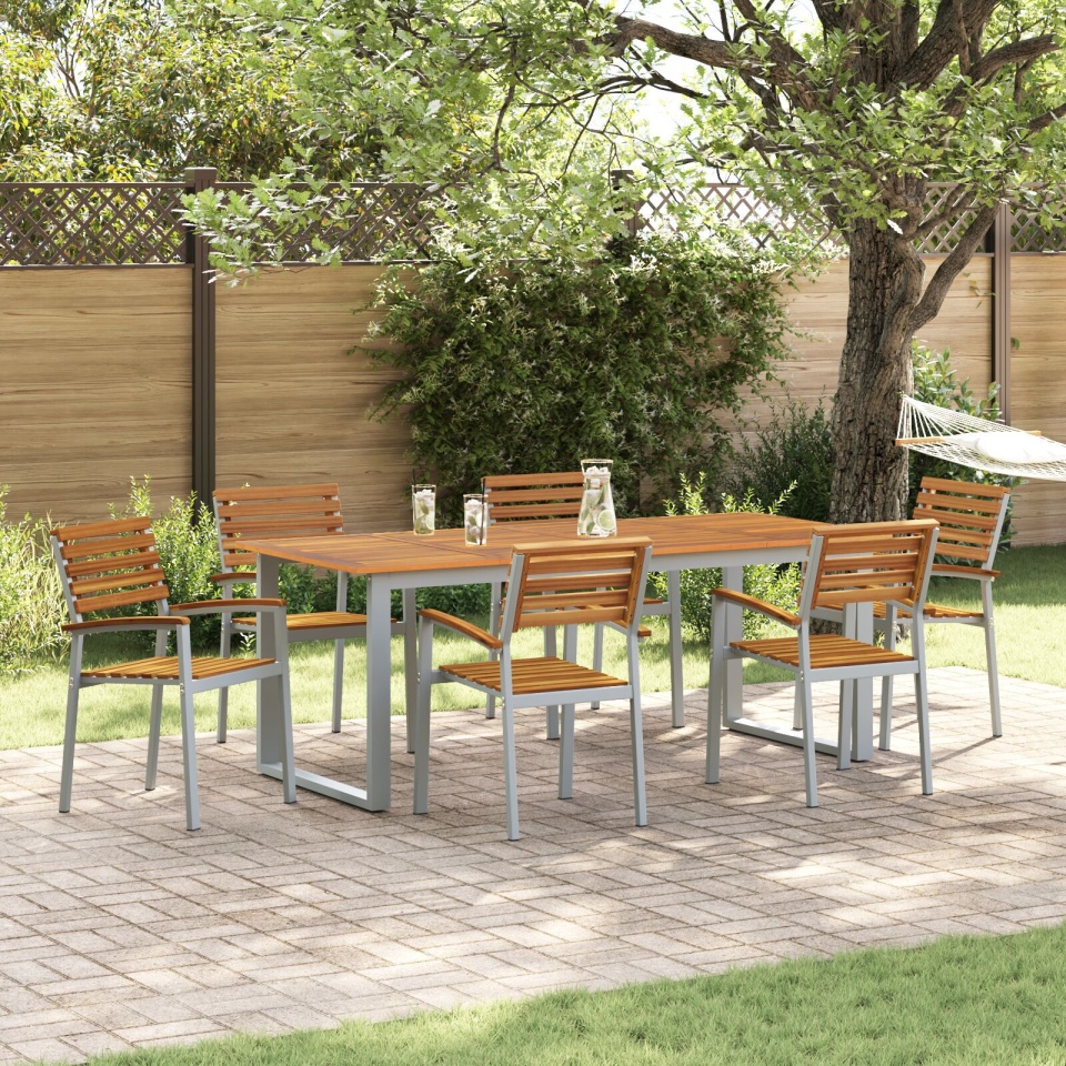 Set de dining pentru grădină din 7 piese din lemn solid de acacia și metal