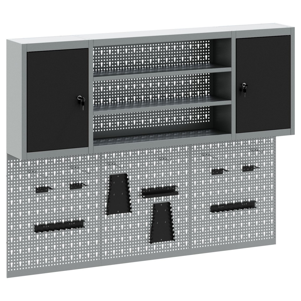 Set de dulap de unelte și panou de prindere , 6 piese, montat pe perete, metal negru - 1 | YEO