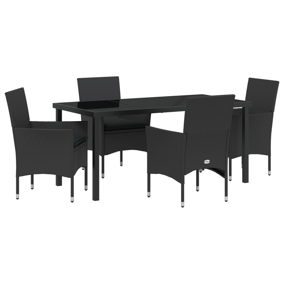 Set de Masa pentru Grădină cu 5 Piese cu Perne Poliratan Negru , Masă de Grădină Neagră 160x80x73 cm cu Sticlă Securizată - 1 | YEO