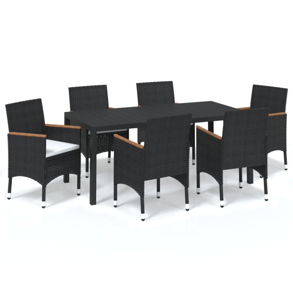 Set de masă pentru grădină cu perne, 7 piese, negru, poliratan - 1 | YEO