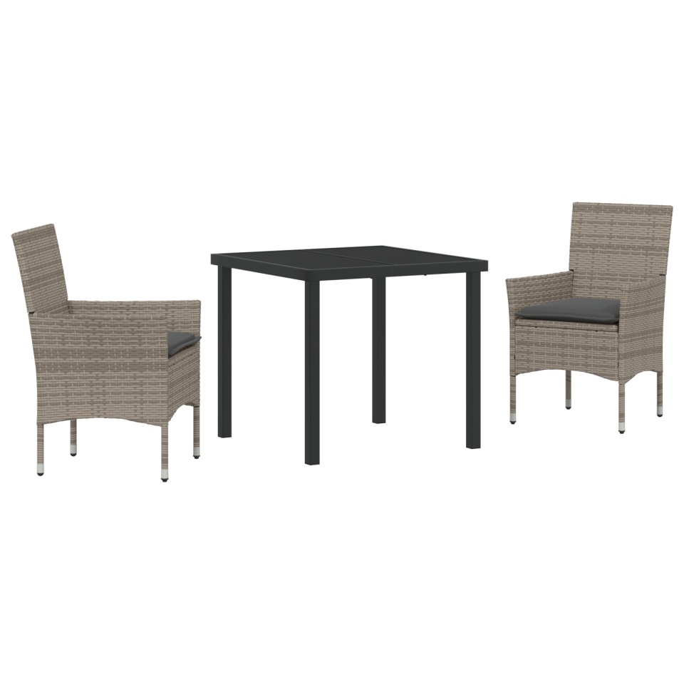 Set de mese pentru grădină cu perne din ratan sintetic gri în 3 piese, Masă de grădină Neagră 80x80x73 cm din sticlă securizată - 1 | YEO