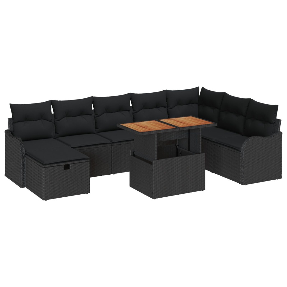 Set de Sofa de Grădină 9 Piese cu Perne Negru Poliratan, Sofa de Grădină 2 Persoane cu Perne Negru Poliratan - 1 | YEO