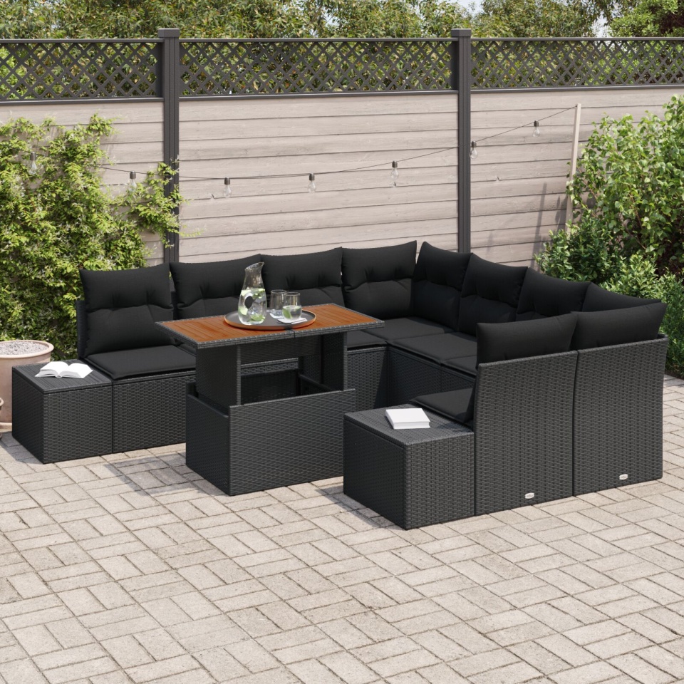 Set de sofa pentru grădină Set de 9 Negru Ratan, material textil - 2 | YEO
