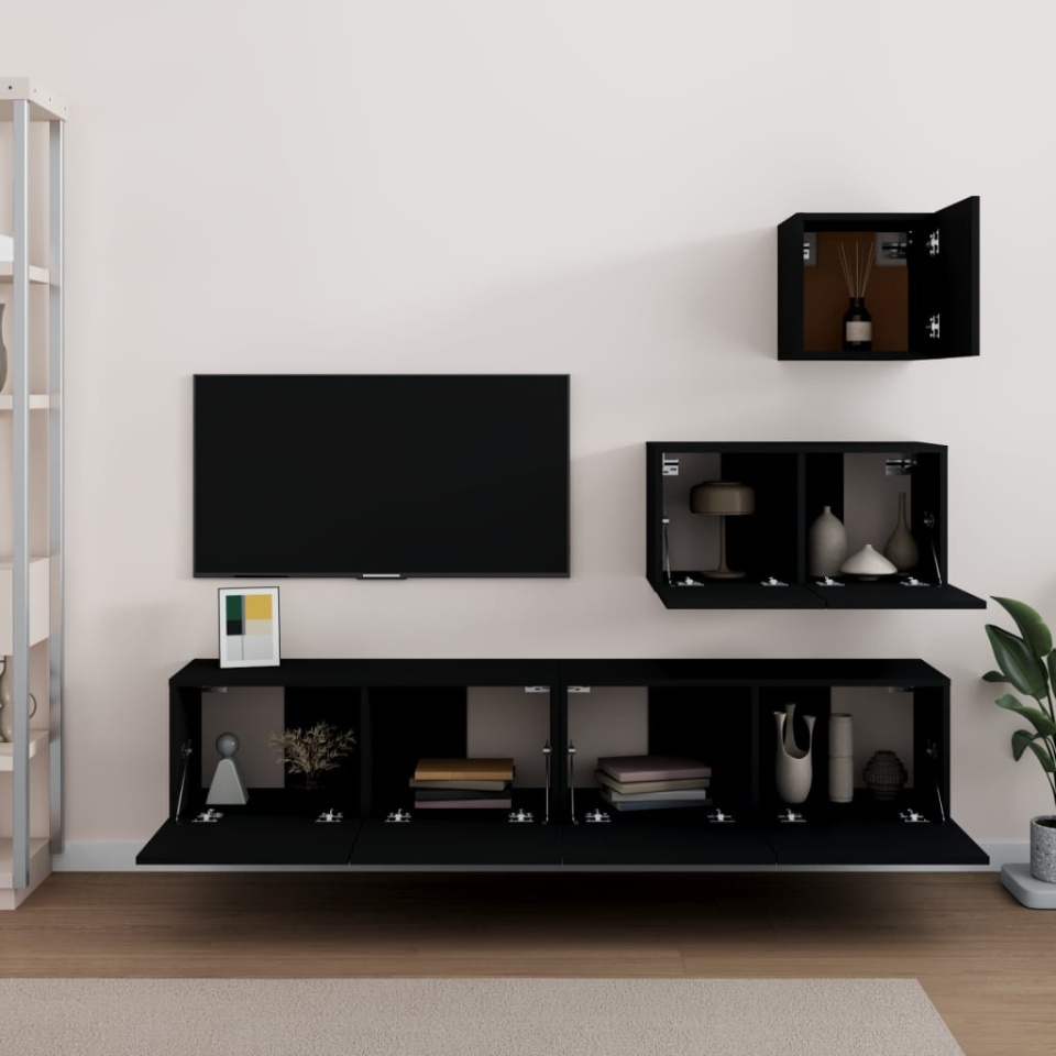 Set dulap TV, 4 piese, negru, lemn prelucrat - 2 | YEO