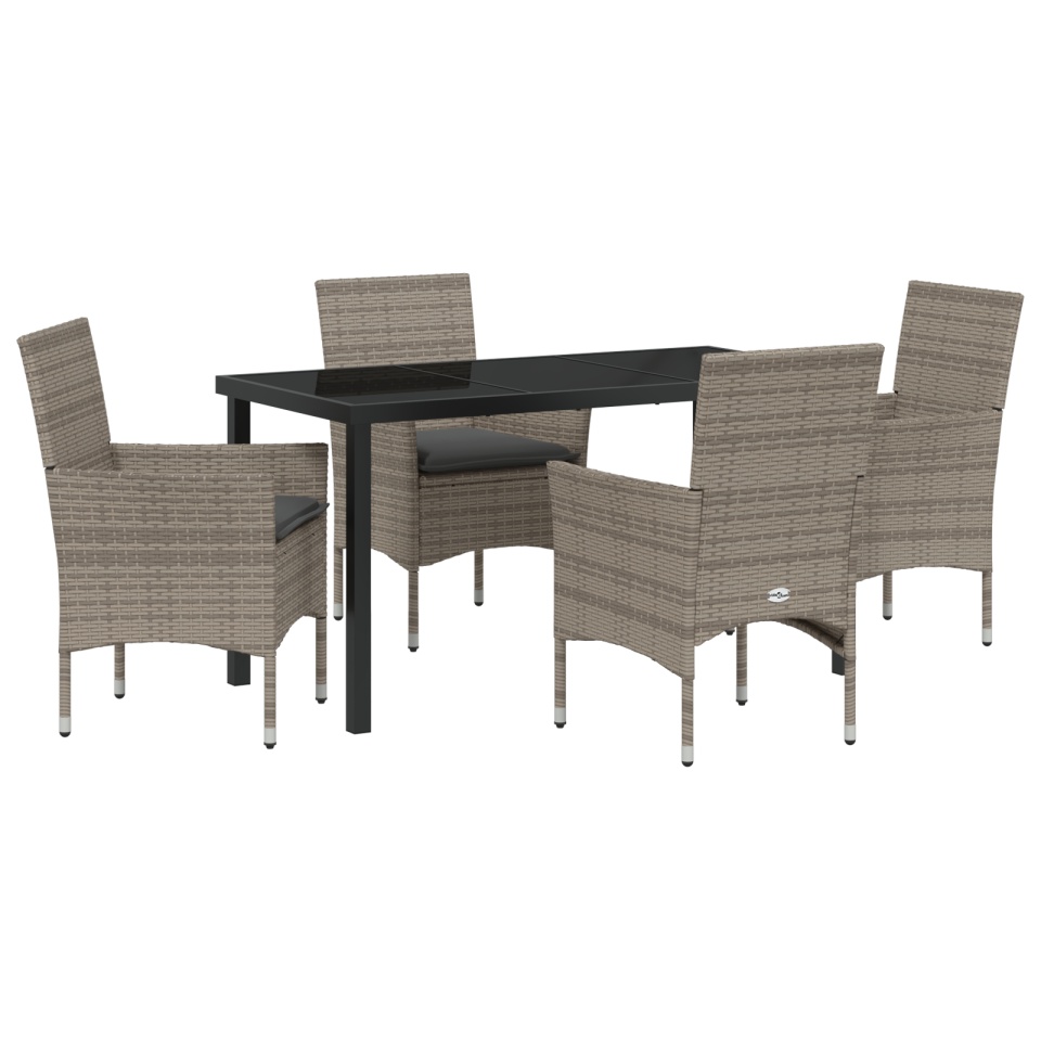 Set Masă Grădină 5 Piese cu Perne Gri Poliratan, Masă Neagră 140x80x73 cm din Sticlă de Siguranță - 1 | YEO