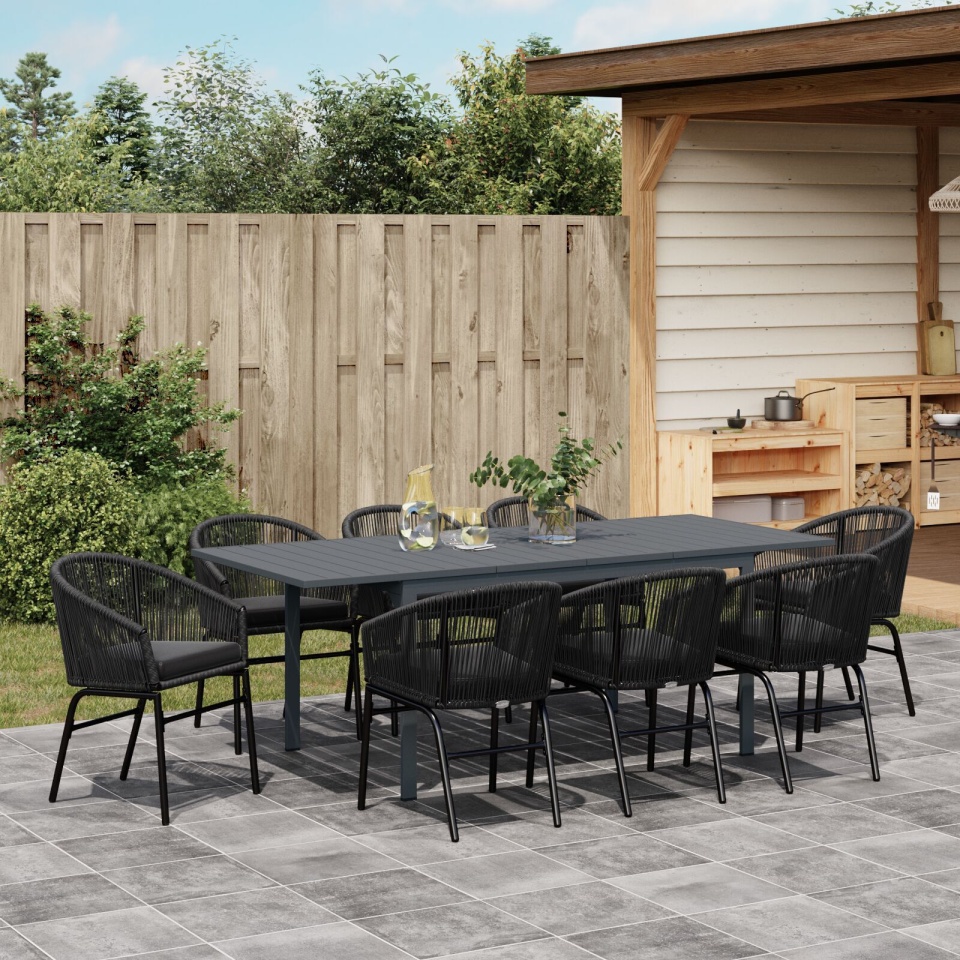 Set mese grădină 10 piese cu perne Negru Poli Rattan, Masă grădină extensibilă Anthracite (140-210)x90x73 cm Oțel - 2 | YEO