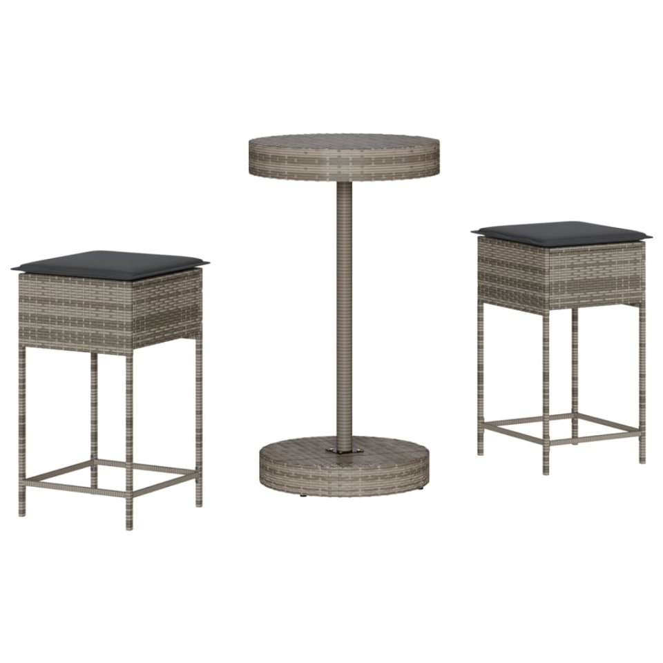 Set mobilier bar de grădină, cu perne, 3 piese, gri, poliratan - 1 | YEO