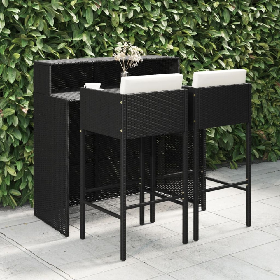 Set mobilier bar de grădină cu perne, 3 piese, negru, poliratan